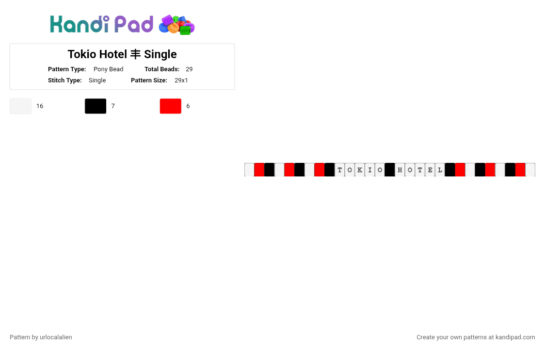 Tokio Hotel 丰 Single - Pony Bead Pattern by urlocalalien on Kandi Pad - red, white