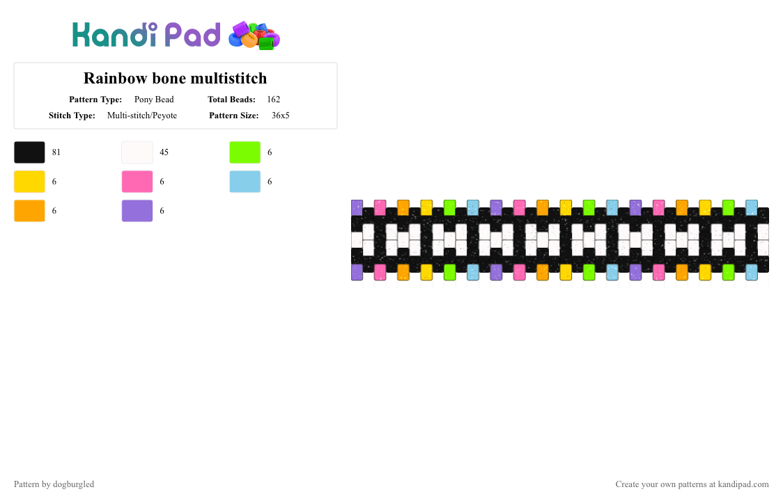 Rainbow bone multistitch - Pony Bead Pattern by dogburgled on Kandi Pad - black, bone, collar, colorful, dog, doggy, light blue, multistitch, purple, rainbow, white, yellow