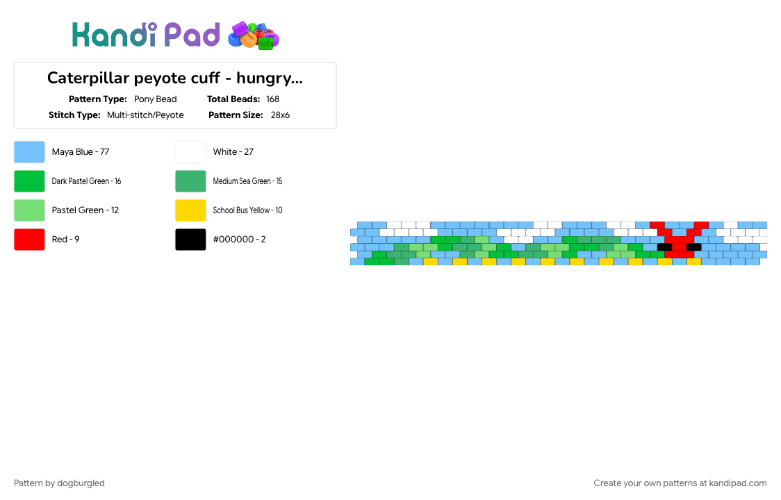 Caterpillar peyote cuff - hungry version - Pony Bead Pattern by dogburgled on Kandi Pad - bug, caterpillar, cotdbug, green, hungry, hungry hungry caterpillar, light blue, peyote