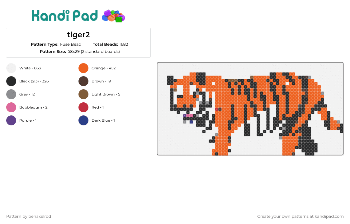 tiger2 - Fuse Bead Pattern by benaxelrod on Kandi Pad - tiger,cat,jungle,big,majestic,stripes,orange,black