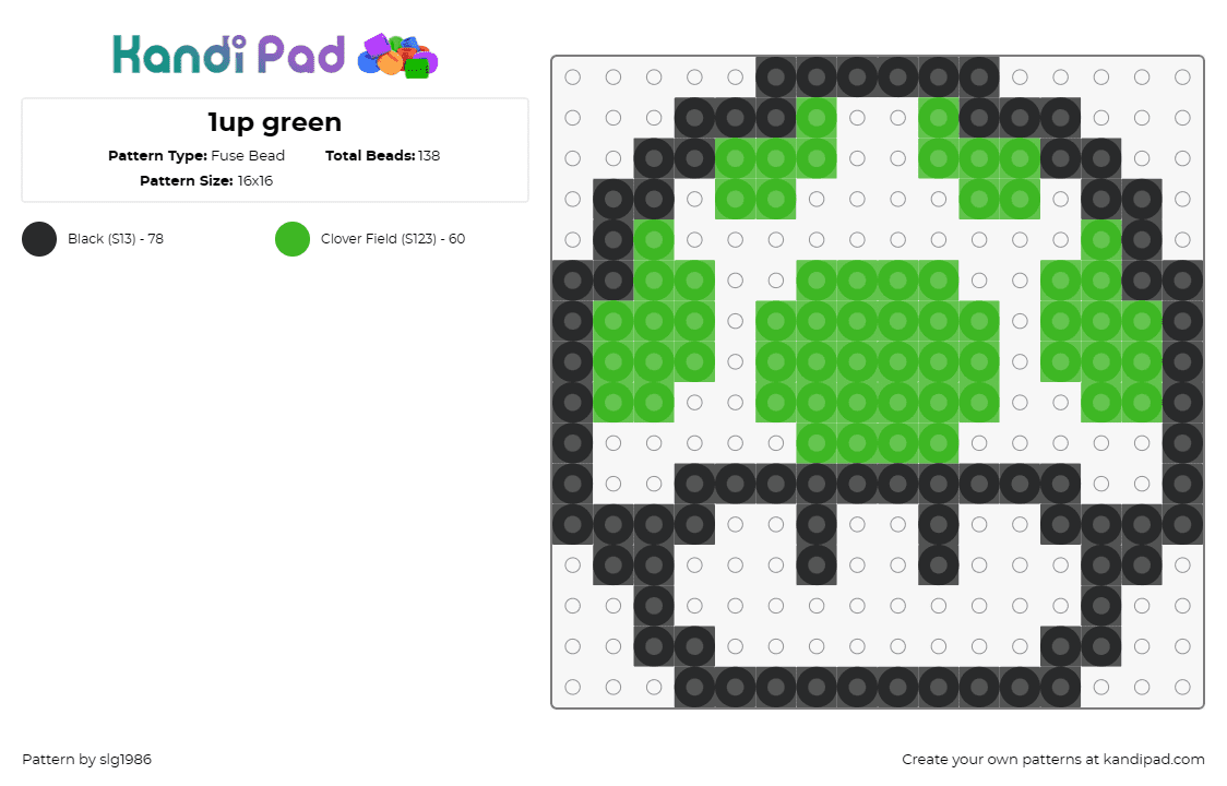 1up green - Fuse Bead Pattern by slg1986 on Kandi Pad - 1up,mario,mushroom,nintendo,video game,green