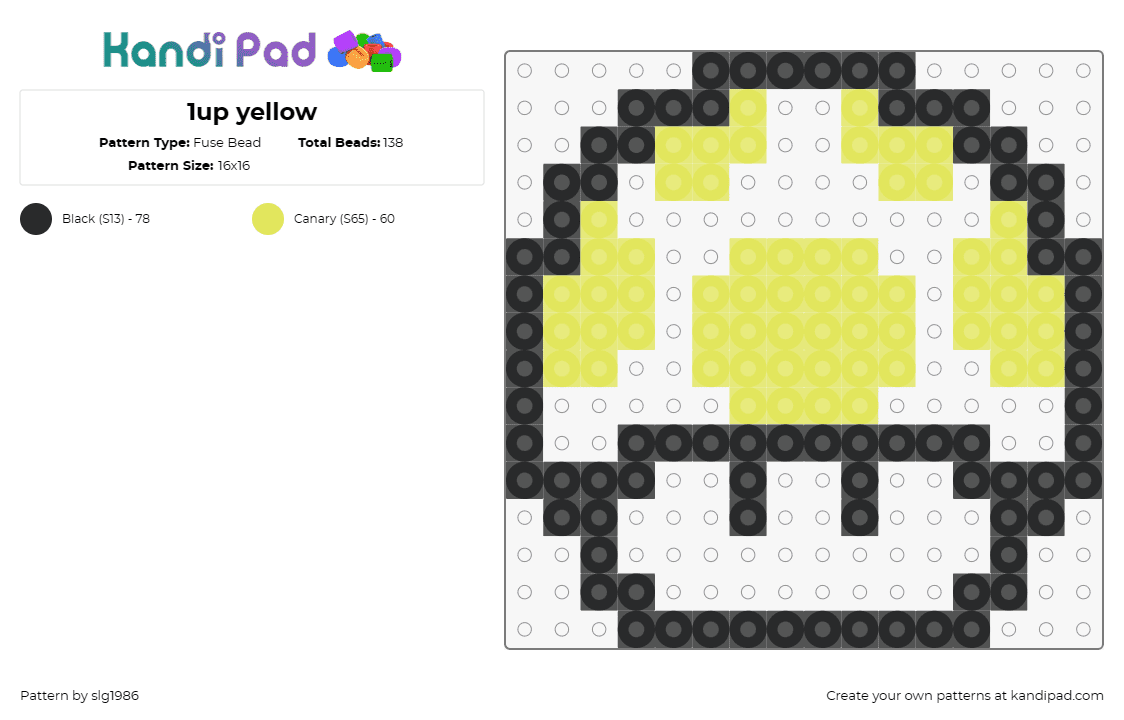 1up yellow - Fuse Bead Pattern by slg1986 on Kandi Pad - 1up,mario,mushroom,nintendo,video game,yellow