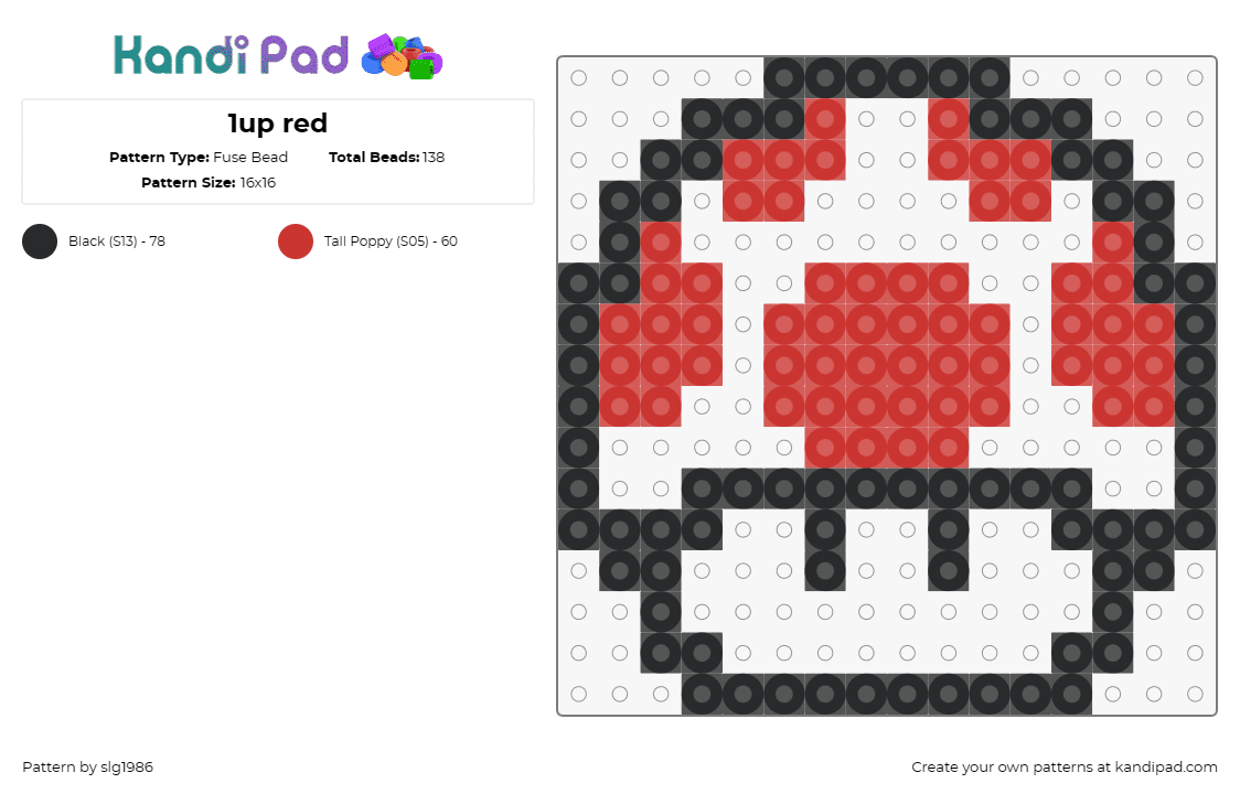 1up red - Fuse Bead Pattern by slg1986 on Kandi Pad - 1up,mario,mushroom,nintendo,video game,red