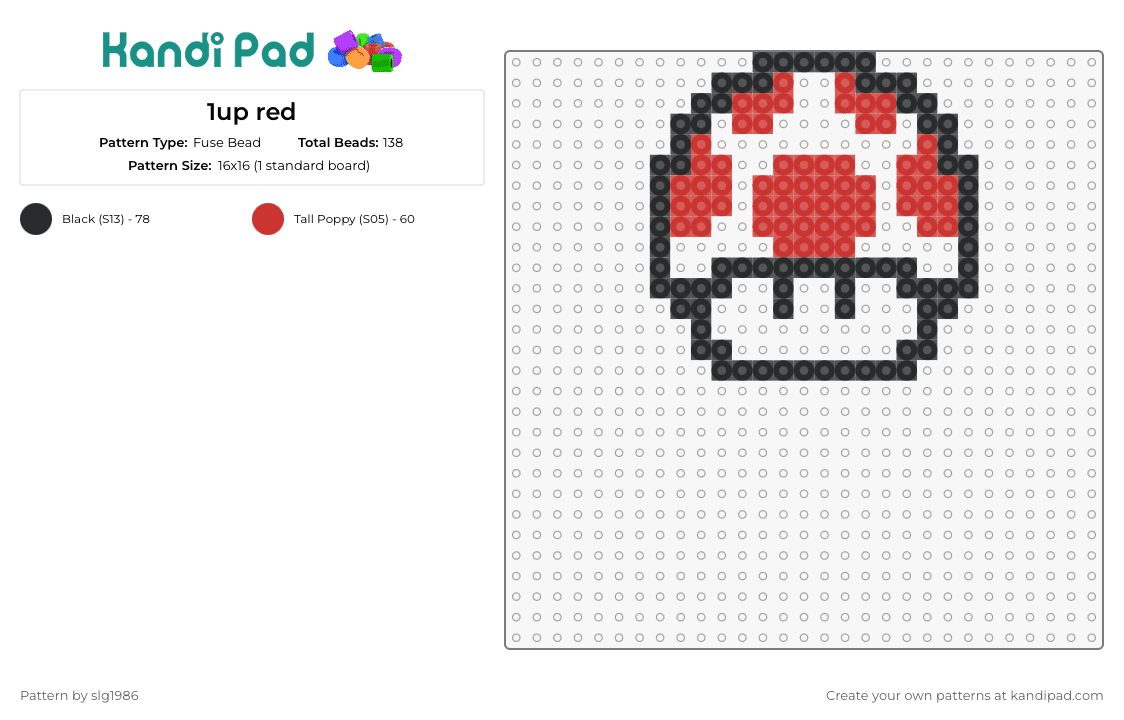 1up red - Fuse Bead Pattern by slg1986 on Kandi Pad - 1up,mario,mushroom,nintendo,video game,red