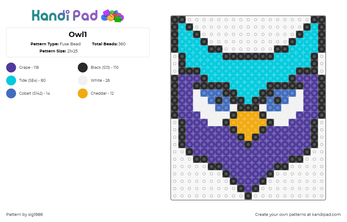 Owl1 - Fuse Bead Pattern by slg1986 on Kandi Pad - owl,bird,animal,colorful,purple,light blue