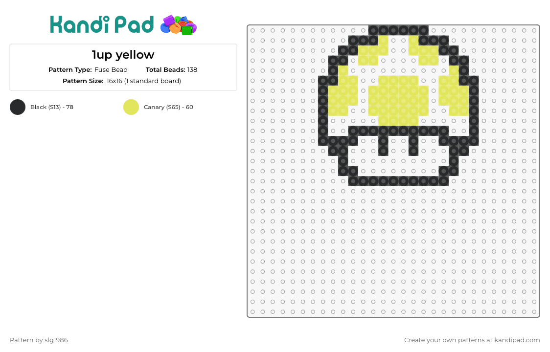 1up yellow - Fuse Bead Pattern by slg1986 on Kandi Pad - 1up,mario,mushroom,nintendo,video game,yellow