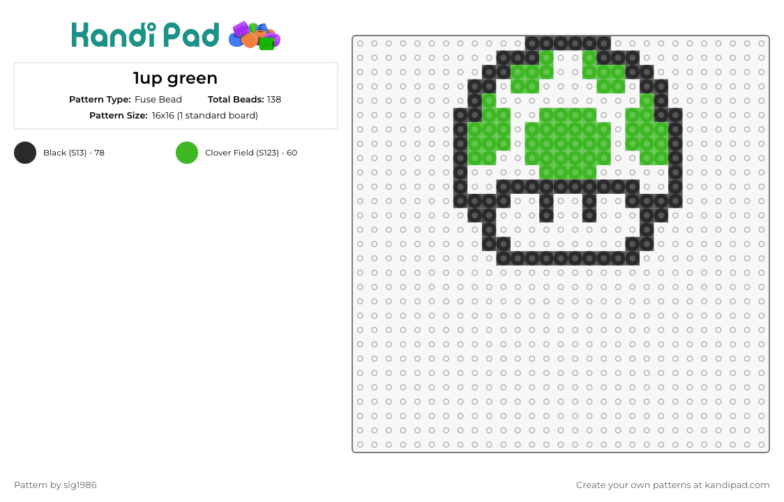 1up green - Fuse Bead Pattern by slg1986 on Kandi Pad - 1up,mario,mushroom,nintendo,video game,green