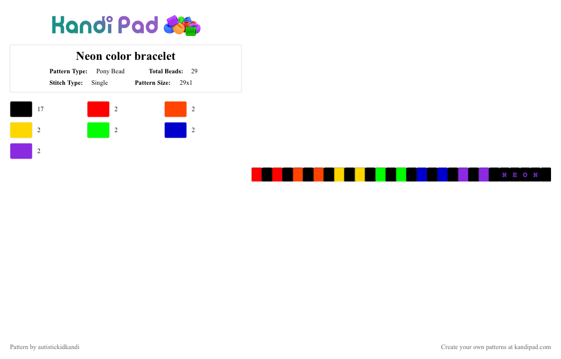 Neon color bracelet - Pony Bead Pattern by autistickidkandi on Kandi Pad - black,red,purple,neon,single