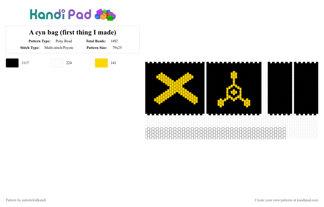 A cyn bag (first thing I made) - Pony Bead Pattern by autistickidkandi on Kandi Pad - black,yellow,white,murderdrones,cyn