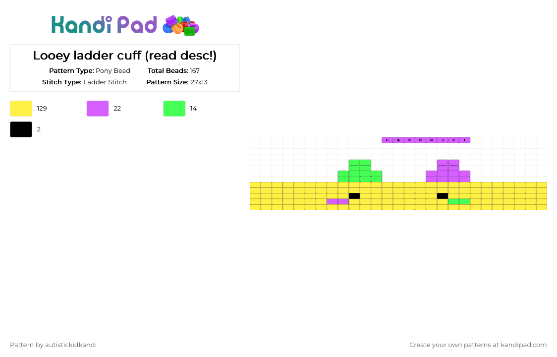 Looey ladder cuff (read desc!) - Pony Bead Pattern by autistickidkandi on Kandi Pad - dandys world, looey, yellow