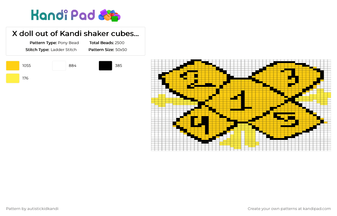 X doll out of Kandi shaker cubes (desc for tut!) - Pony Bead Pattern by autistickidkandi on Kandi Pad - bfdi, doll, my design, white, x, yellow