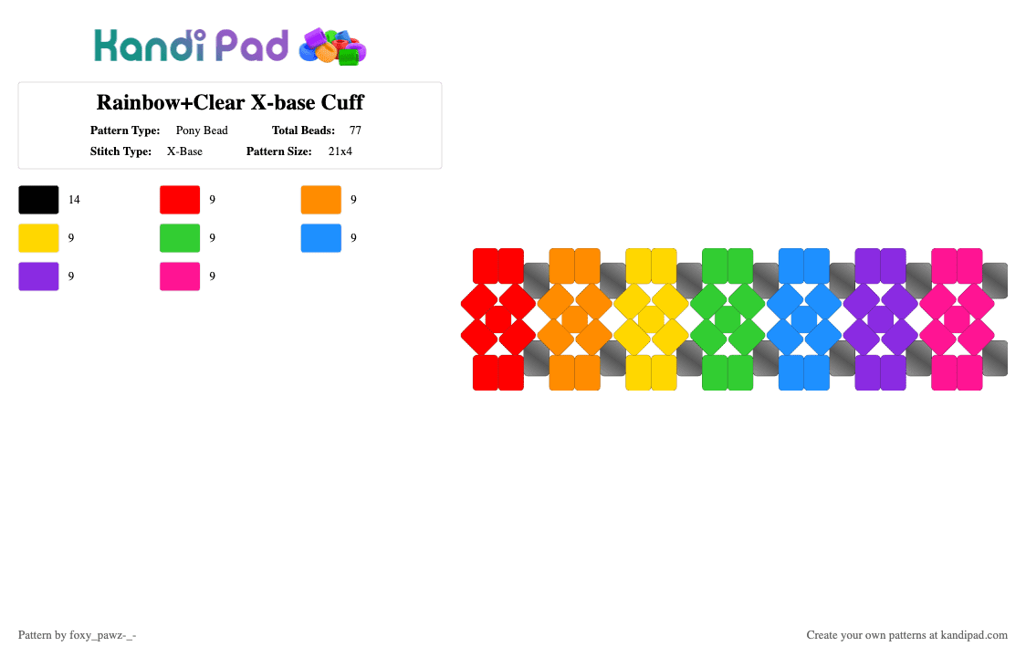 Rainbow+Clear X-base Cuff - Pony Bead Pattern by foxy_pawz-_- on Kandi Pad - clear, colorful, cuff, green, orange, purple, rainbow, x base