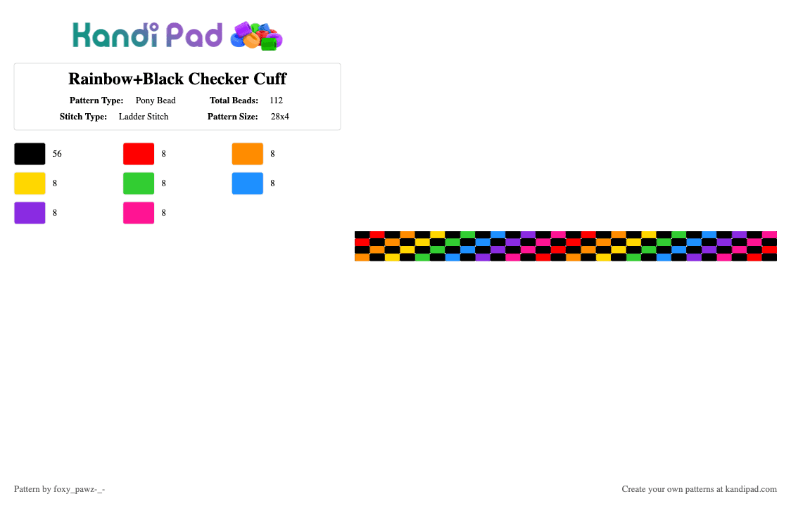 Rainbow+Black Checker Cuff - Pony Bead Pattern by foxy_pawz-_- on Kandi Pad - black,orange,green,purple,colorful,scene,rainbow,cuff,ladder stitch,race,checker