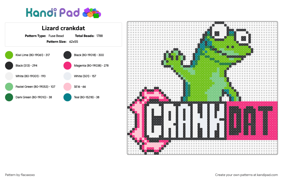 Lizard crankdat - Fuse Bead Pattern by flacaxoxo on Kandi Pad - green, pink