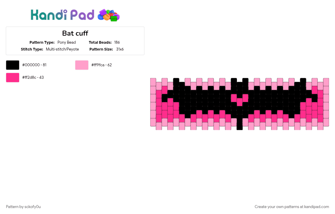 Bat cuff - Pony Bead Pattern by sckofy0u on Kandi Pad - black, pink