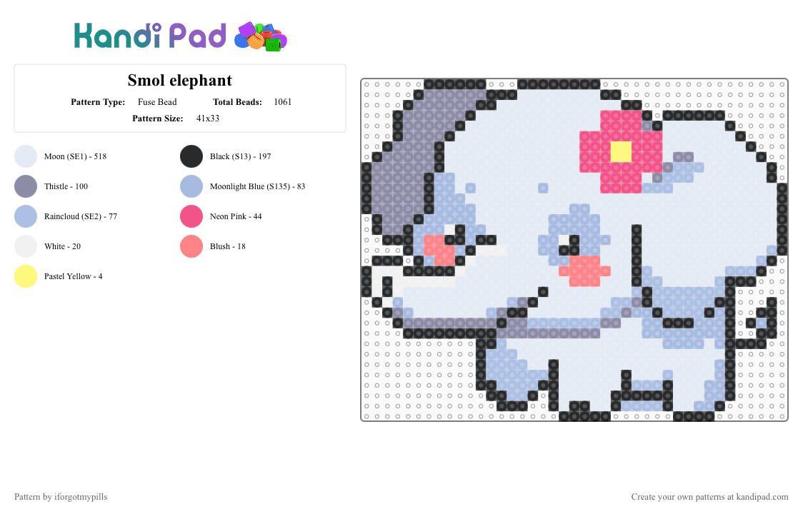 Smol elephant - Fuse Bead Pattern by iforgotmypills on Kandi Pad - white,gray,light blue,cotdzooanimals,elephant,cute,babyanimal