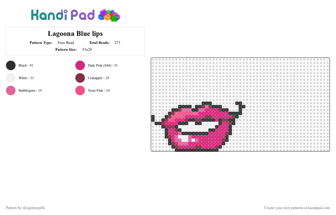 Lagoona Blue lips - Fuse Bead Pattern by iforgotmypills on Kandi Pad - pink,monster high,lagoona,lagoona blue,doll,monster,lips