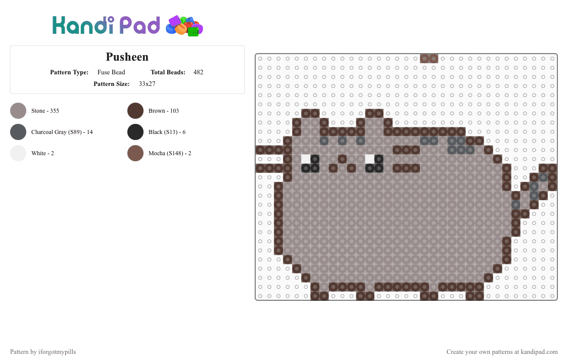 Pusheen - Fuse Bead Pattern by iforgotmypills on Kandi Pad - gray,pusheen,cat,kawaii,cute,anime,character,cartoon