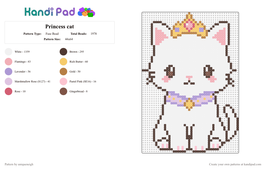 Princess cat - Fuse Bead Pattern by uniqueneigh on Kandi Pad - white,brown,pink