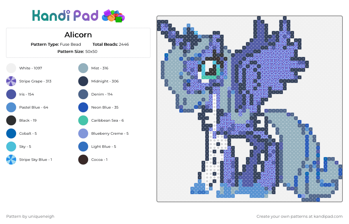 Alicorn - Fuse Bead Pattern by uniqueneigh on Kandi Pad - white,purple,light blue