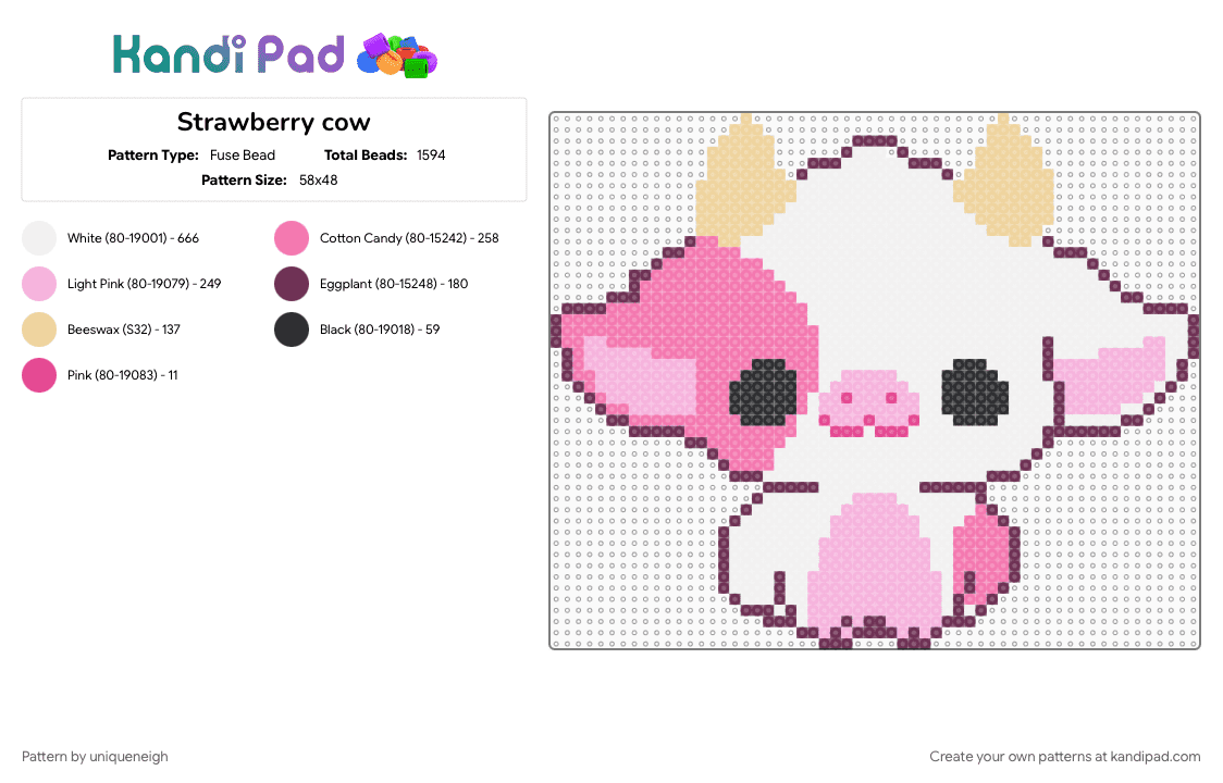 Strawberry cow - Fuse Bead Pattern by uniqueneigh on Kandi Pad - pink