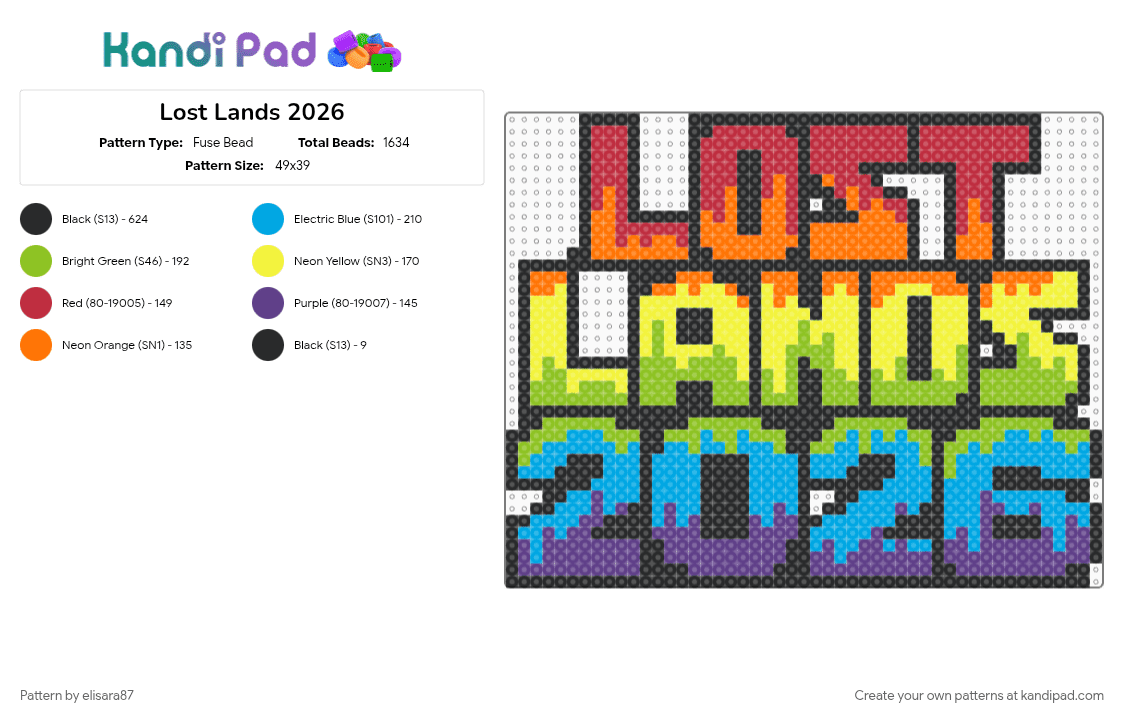Lost Lands 2026 - Fuse Bead Pattern by elisara87 on Kandi Pad - edm, festival, green, light blue, lost lands, lostlands, music festival, rave, yellow