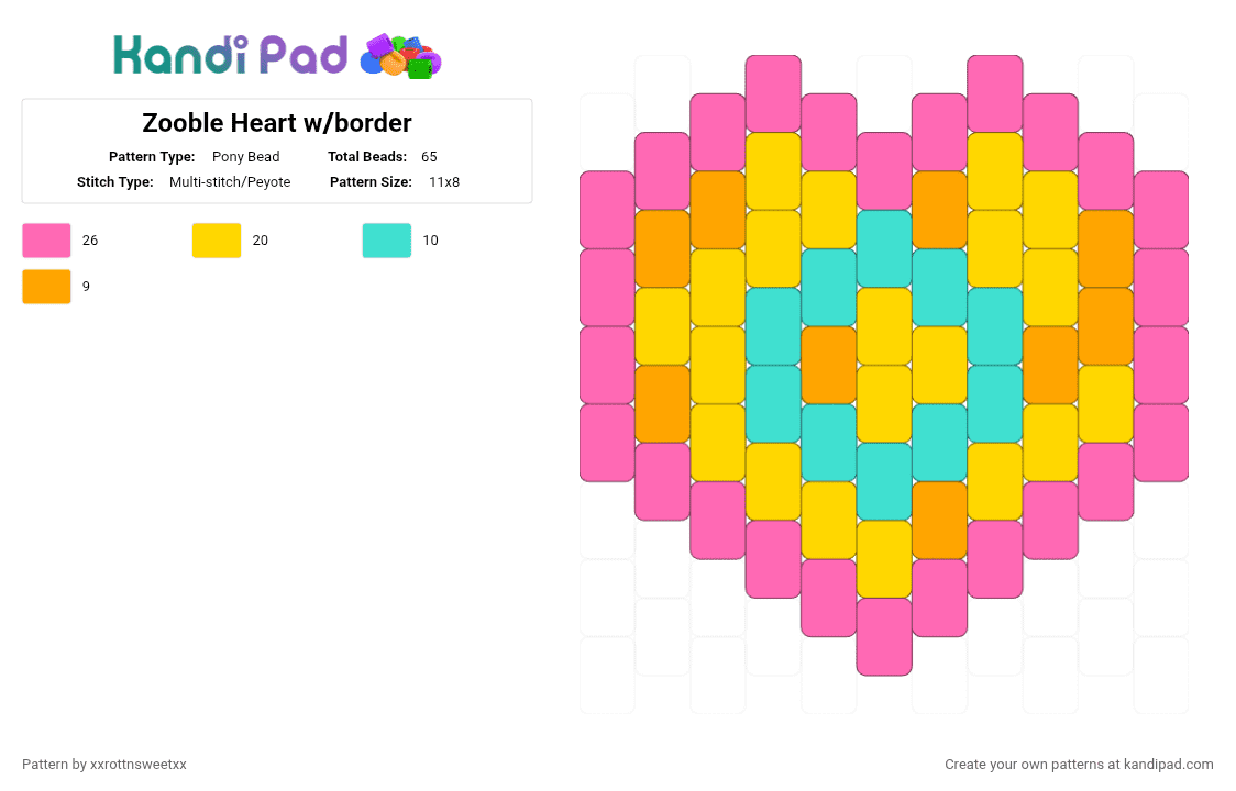 Zooble Heart w/border - Pony Bead Pattern by xxrottnsweetxx on Kandi Pad - yellow,pink,zooble,tadc,the amazing digital circus,heart