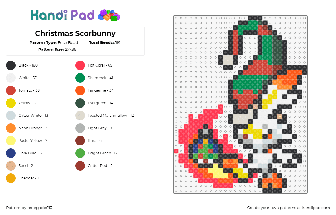 Christmas Scorbunny - Fuse Bead Pattern by renegade013 on Kandi Pad - scorbunny,pokemon,christmas,character,elf,gaming,costume,white,orange,green