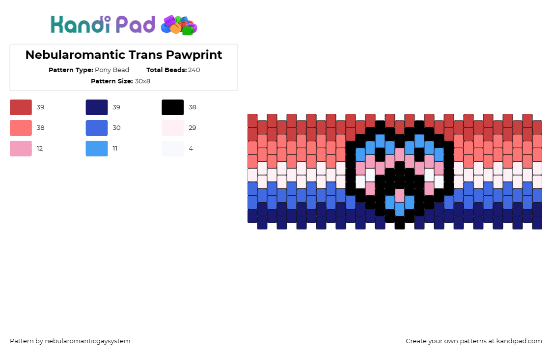 Nebularomantic Trans Pawprint - Pony Bead Pattern by nebularomanticgaysystem on Kandi Pad - nebularomantic,trans,pride,paw print,heart,community,cuff,red,blue