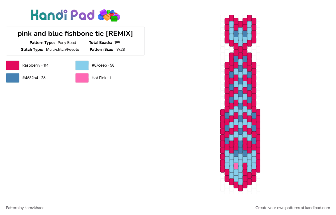 pink and blue fishbone tie [REMIX] - Pony Bead Pattern by kamzkhaos on Kandi Pad - light blue, red