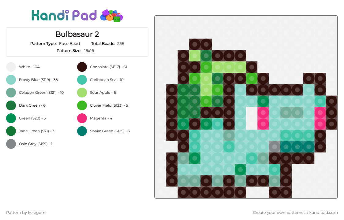 Bulbasaur 2 - Fuse Bead Pattern by kelegorn on Kandi Pad - white,brown,green,light blue