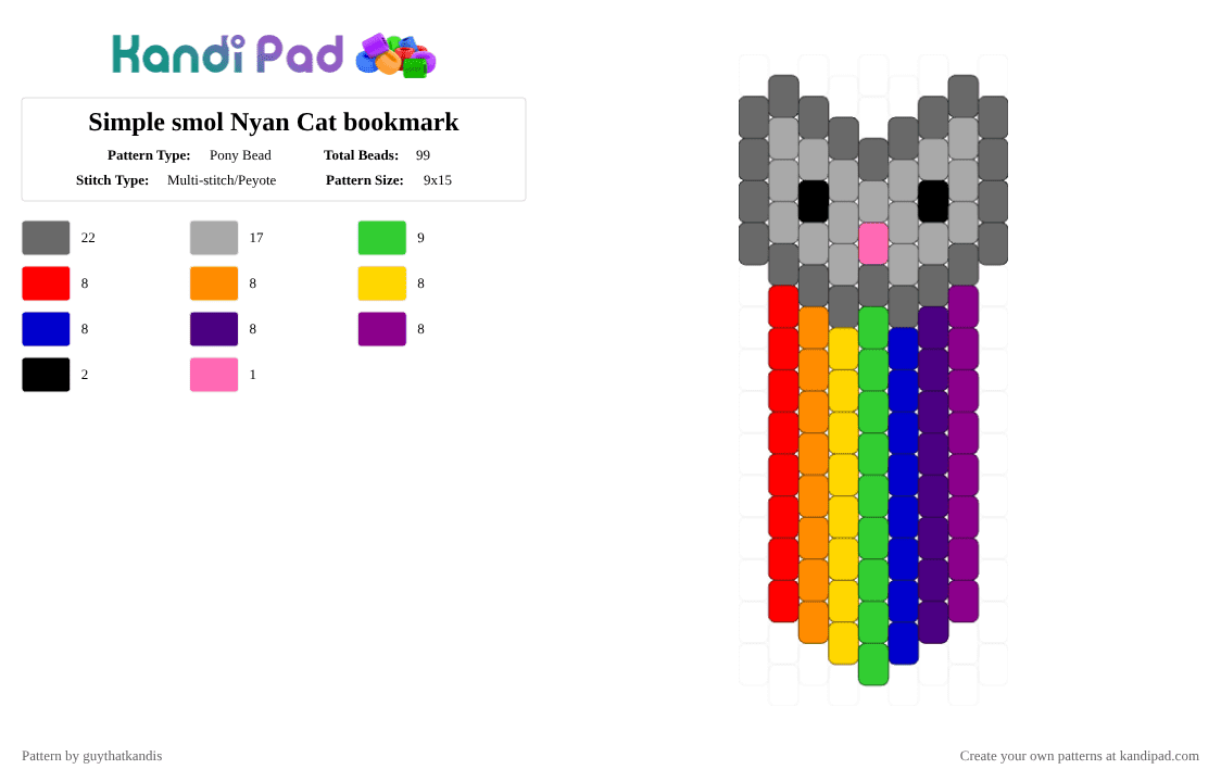 Simple smol Nyan Cat bookmark - Pony Bead Pattern by guythatkandis on Kandi Pad - gray,beige,purple