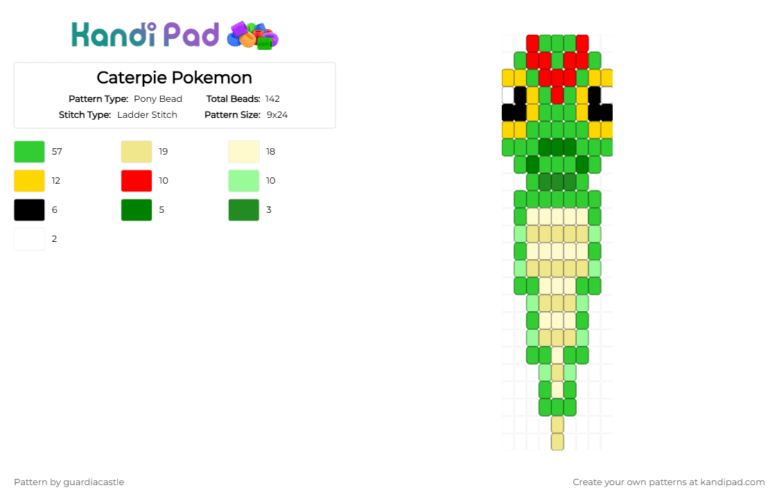 Caterpie Pokemon - Pony Bead Pattern by guardiacastle on Kandi Pad - green, pokemon, yellow