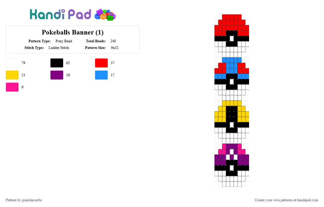 Pokeballs Banner (1) - Pony Bead Pattern by guardiacastle on Kandi Pad - pink, red