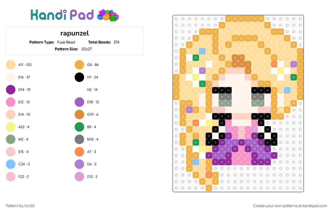 rapunzel - Fuse Bead Pattern by tici00 on Kandi Pad - orange, pink, yellow