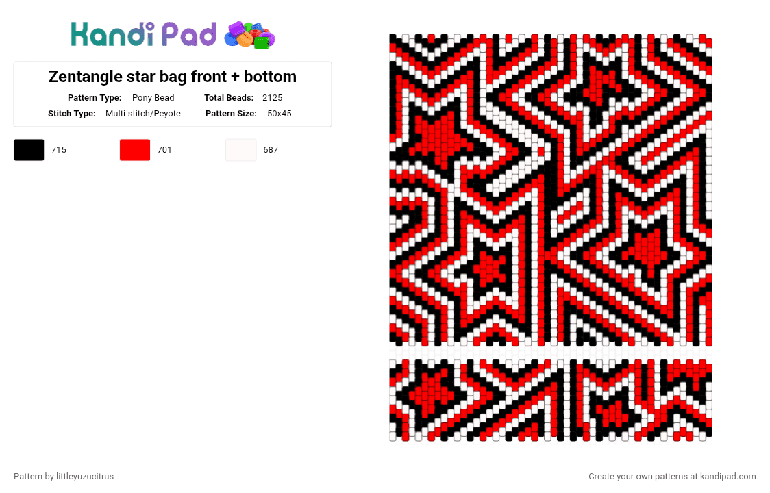 Zentangle star bag front + bottom - Pony Bead Pattern by littleyuzucitrus on Kandi Pad - white,red