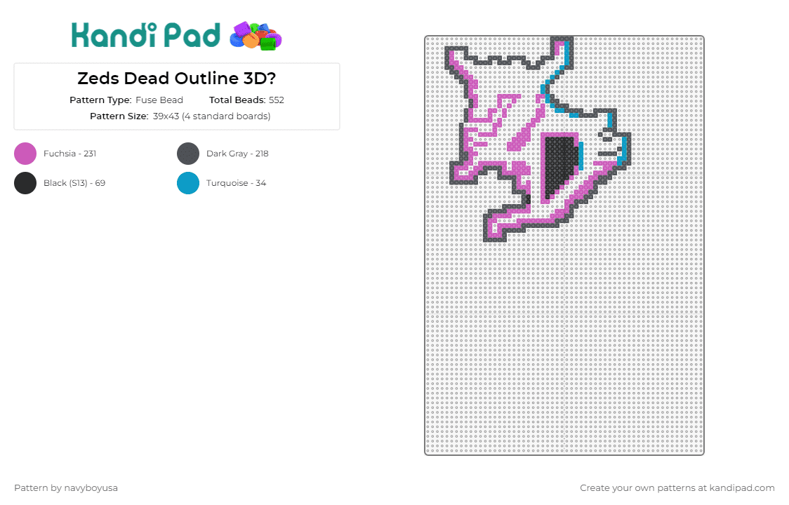 Zeds Dead Outline 3D? - Fuse Bead Pattern by navyboyusa on Kandi Pad - zeds dead,logo,dj,music,edm,outline,pink