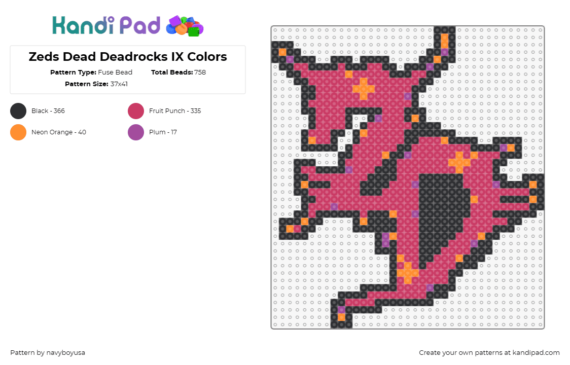 Zeds Dead Deadrocks IX Colors - Fuse Bead Pattern by navyboyusa on Kandi Pad - zeds dead,logo,dj,music,edm,sparkles,red