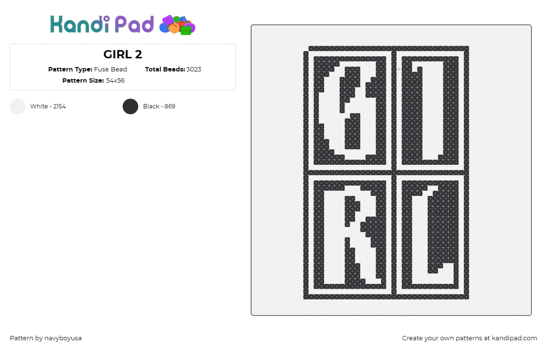 GIRL 2 - Fuse Bead Pattern by navyboyusa on Kandi Pad - girl,text,ornate,bold,black,white