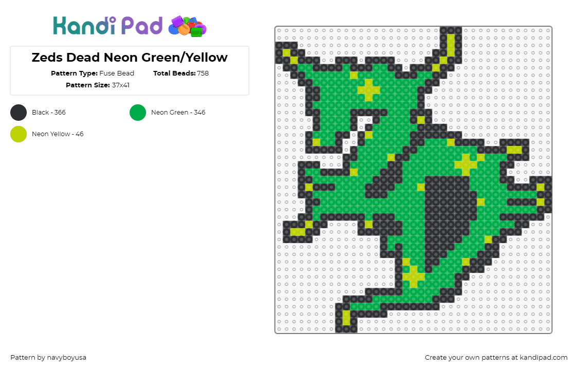 Zeds Dead Neon Green/Yellow - Fuse Bead Pattern by navyboyusa on Kandi Pad - zeds dead,logo,dj,music,edm,sparkles,green