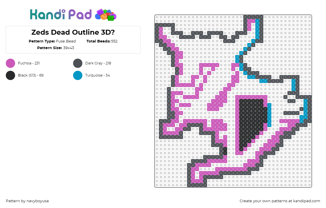 Zeds Dead Outline 3D? - Fuse Bead Pattern by navyboyusa on Kandi Pad - zeds dead,logo,dj,music,edm,outline,pink