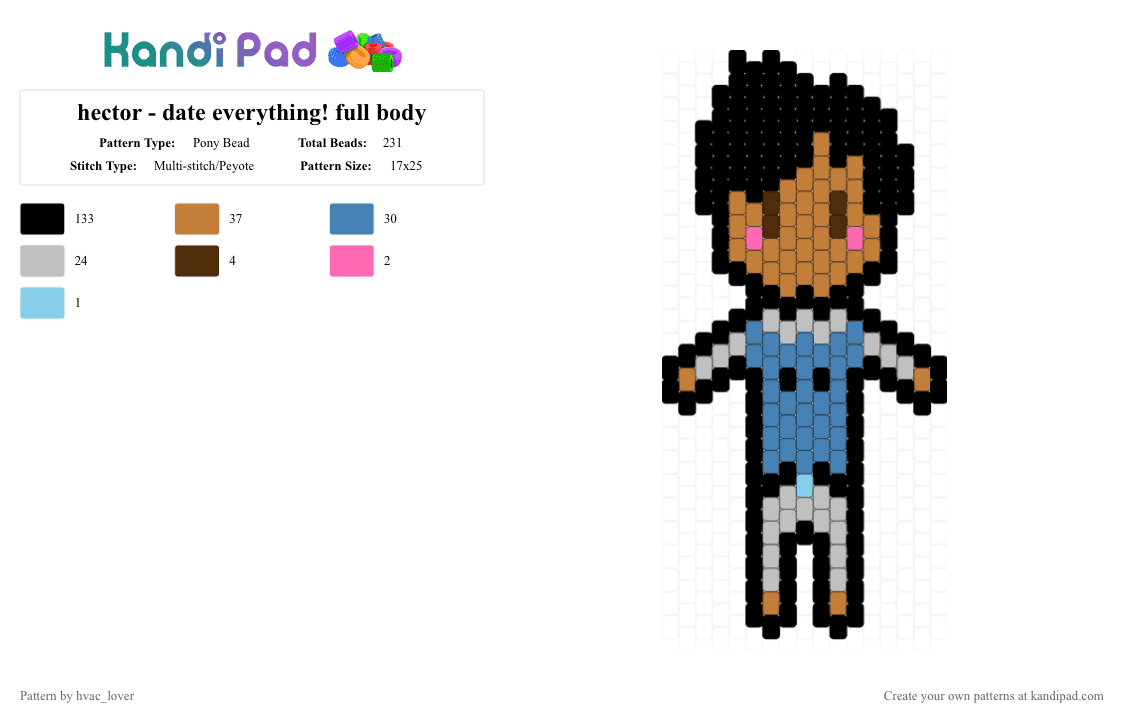 hector - date everything! full body - Pony Bead Pattern by hvac_lover on Kandi Pad - black,tan,blue,beige