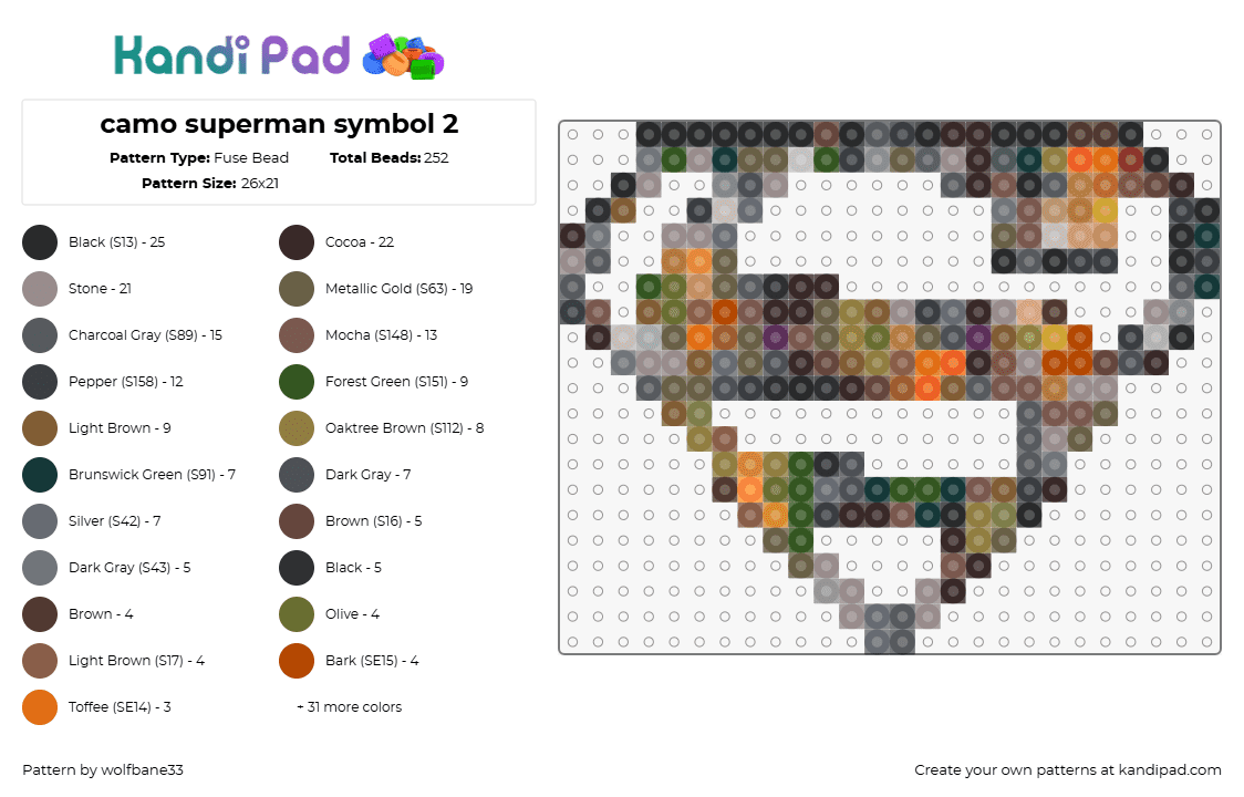 camo superman symbol 2 - Fuse Bead Pattern by wolfbane33 on Kandi Pad - superman,camouflage,logo,superhero,dc,comic,earthy,green,orange