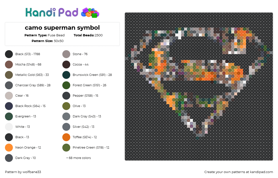 camo superman symbol - Fuse Bead Pattern by wolfbane33 on Kandi Pad - superman,camouflage,logo,superhero,dc,comic,black,orange