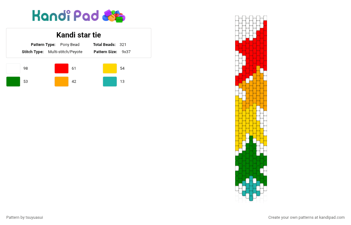 Kandi star tie - Pony Bead Pattern by tsuyuasui on Kandi Pad - red,orange,yellow,green