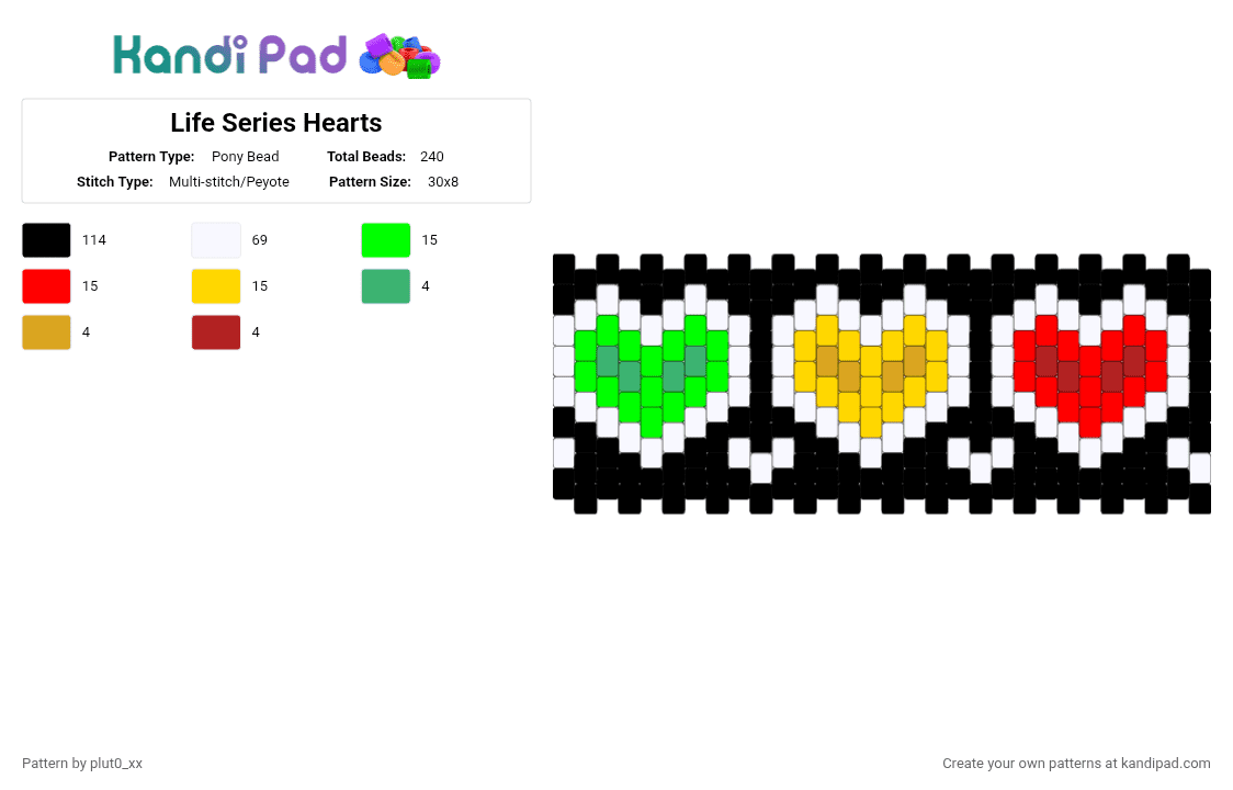 Life Series Hearts - Pony Bead Pattern by plut0_xx on Kandi Pad - black,white,green,red,colorful