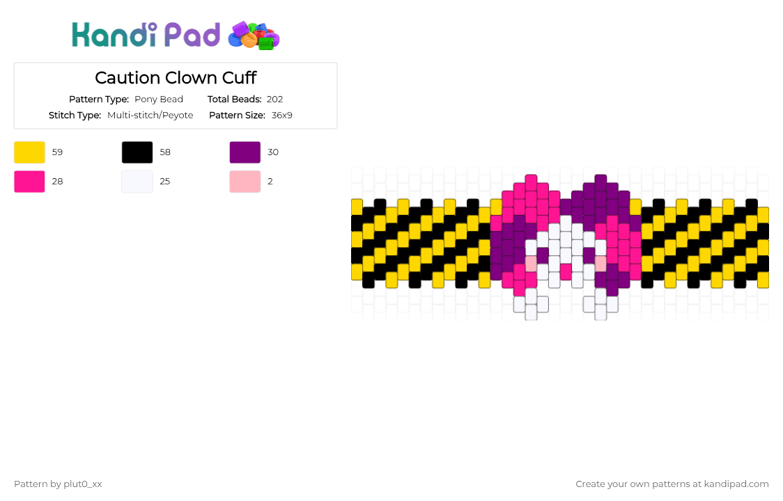 Caution Clown Cuff - Pony Bead Pattern by plut0_xx on Kandi Pad - pink,yellow
