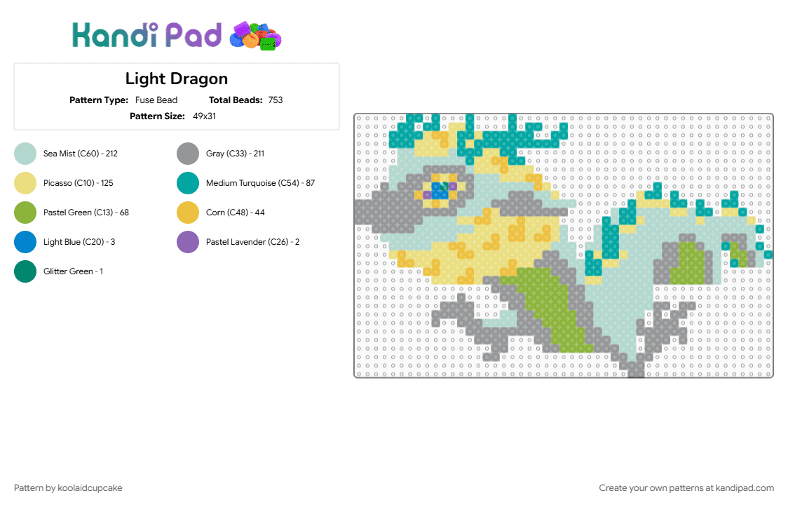Light Dragon - Fuse Bead Pattern by koolaidcupcake on Kandi Pad - gray, light blue, yellow