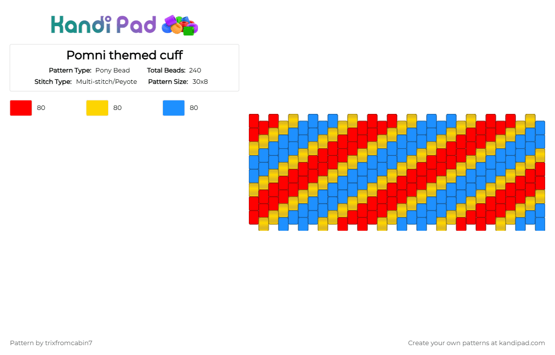 Pomni themed cuff - Pony Bead Pattern by trixfromcabin7 on Kandi Pad - red,yellow,light blue,pomni,tadc,cuff,blue,gold