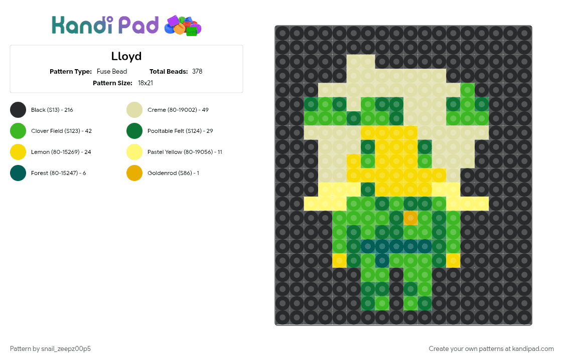 Lloyd - Fuse Bead Pattern by snail_zeepz00p5 on Kandi Pad - black, green, yellow